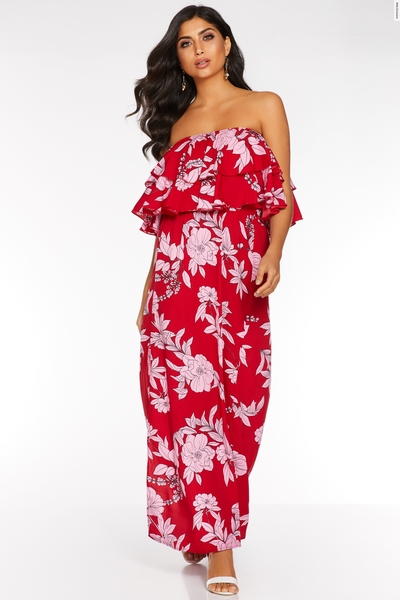Red and Pink Floral Print Frill Maxi Dress